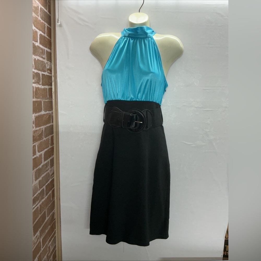 Vintage Blue Halter Top with Black Skirt Dress